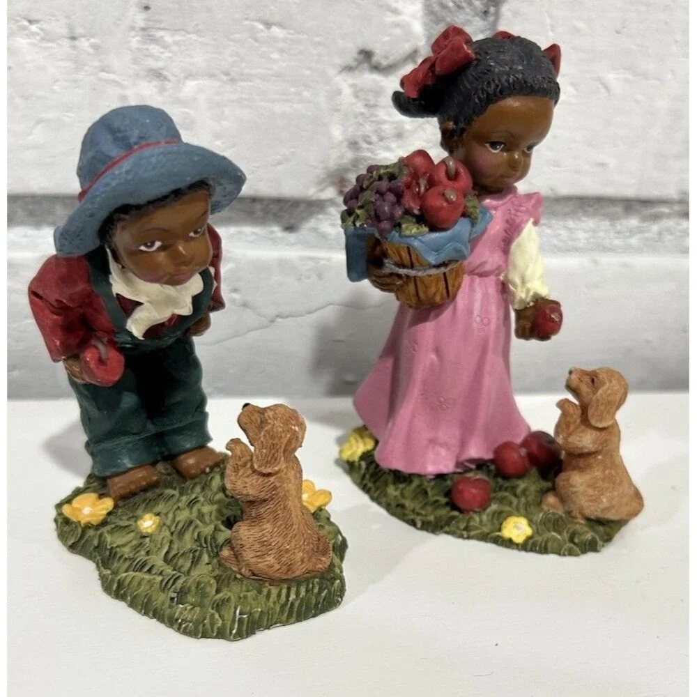 Set Of 2 | K's Collection 4” Resin Figurine Little Girl W/dog & Boy W/Dog